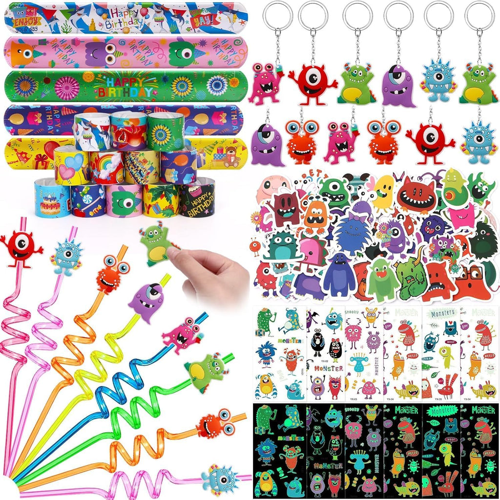 SNLN 98Pcs Monster Party Favors Birthday Supplies for Kids, Drinking Straw Keychain Slap Bracelet Glow Tattoo Sticker Cartoon Sticker, Goodie Bag Stuffer Filler Girls Boys Monster Party Supplies Decor
