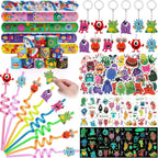 SNLN 98Pcs Monster Party Favors Birthday Supplies for Kids, Drinking Straw Keychain Slap Bracelet Glow Tattoo Sticker Cartoon Sticker, Goodie Bag Stuffer Filler Girls Boys Monster Party Supplies Decor