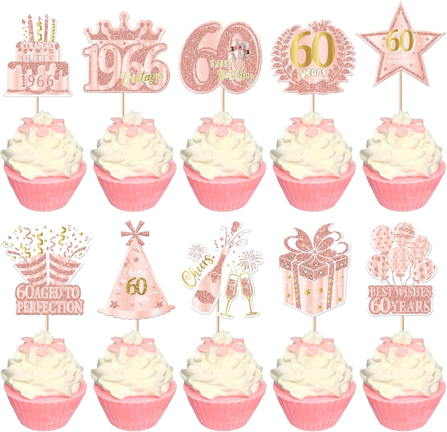Rsstarxi 40 Pack Happy 60th Birthday Cupcake Toppers Rose Gold Sixty Straight Outta 1966 Cupcake Picks 60 Fabulous Cheers to 60 Years Cake Decorations for Women 60th Birthday Party Supplies