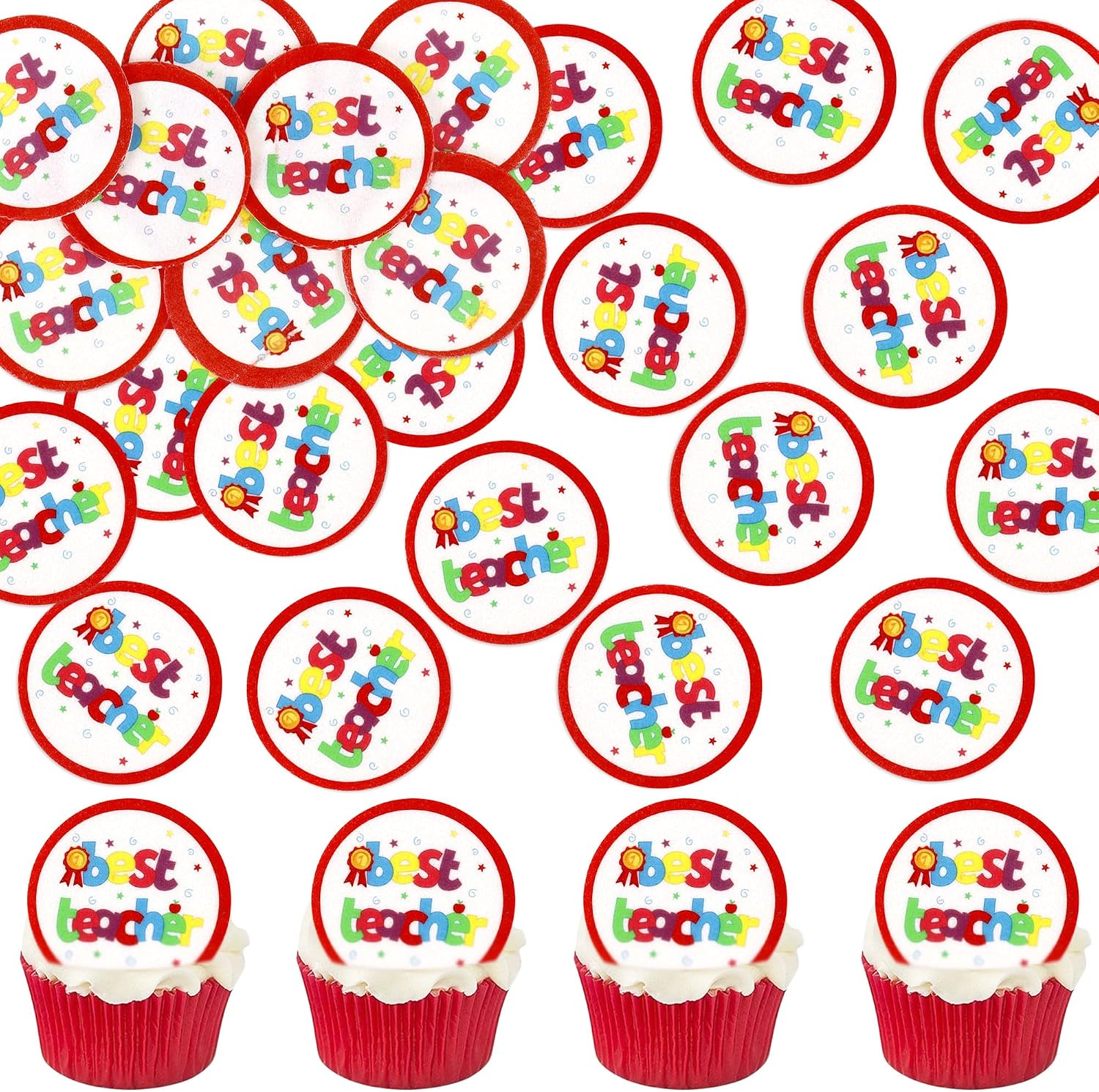 40Pcs Edible Best Teacher Cupcake Toppers School Safe Cupcakes & Teacher Cupcake Toppers Applicable for Opening Ceremony