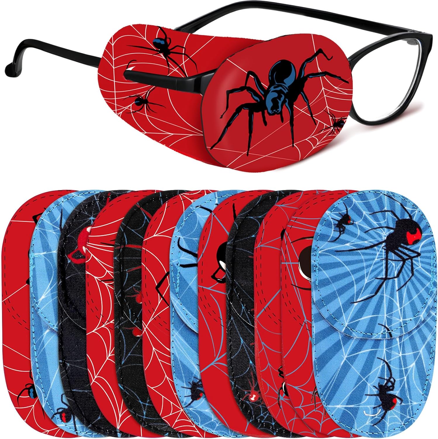 Newcotte 12 Pcs Eye Patch for Kids Toddler Reusable Adjustable Girls Boys Eyepatch for Glasses Left or Right Eye Patch, Assorted Patterns(Spider)