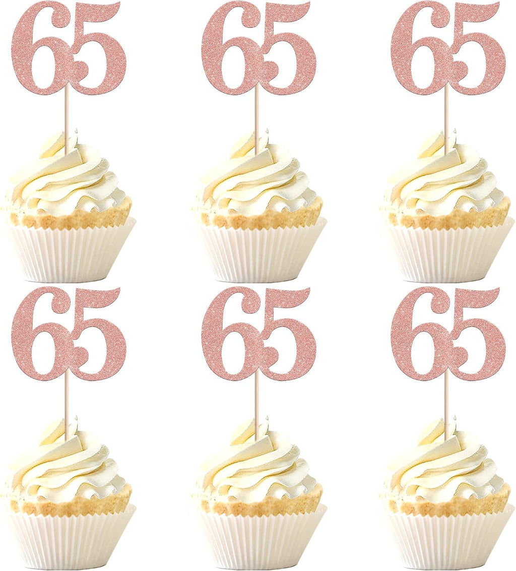 Rsstarxi 36 Pack Number 65 Cupcake Toppers Glitter Cheers to 65 Years Birthday Cupcake Picks Decoration for Happy 65th Birthday Wedding Anniversary Party Cake Decorations Rose Gold