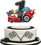Ephlyn 1Pc Race Car First Birthday Cake Topper Glitter 1st Cake Decoration for Racing Car Checkered Flag Themed Kids Boy Girl One Years Old Happy 1st Bday Party Decor Supplies