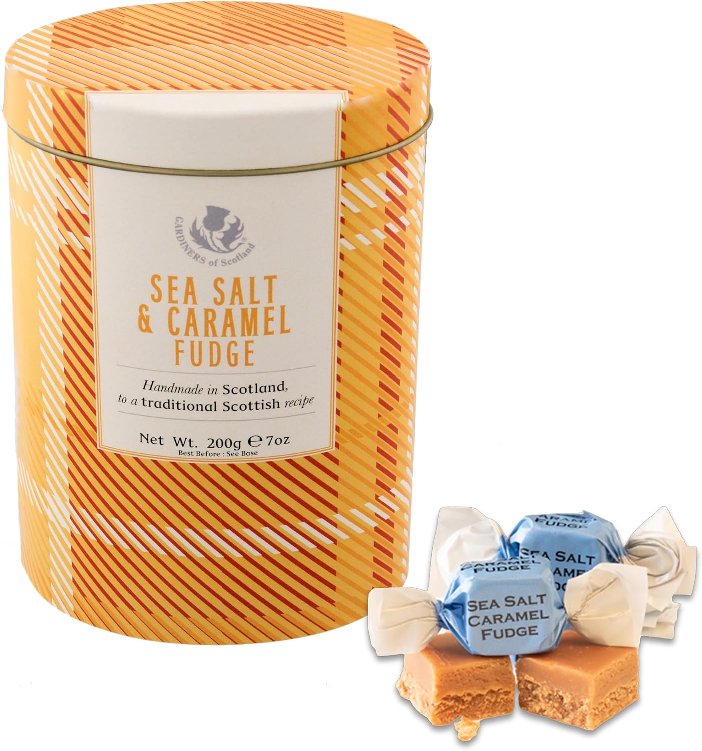 Gardiners of Scotland Handmade Fudge, Tartan Sea Salt & Caramel Fudge 7 Ounce Tin