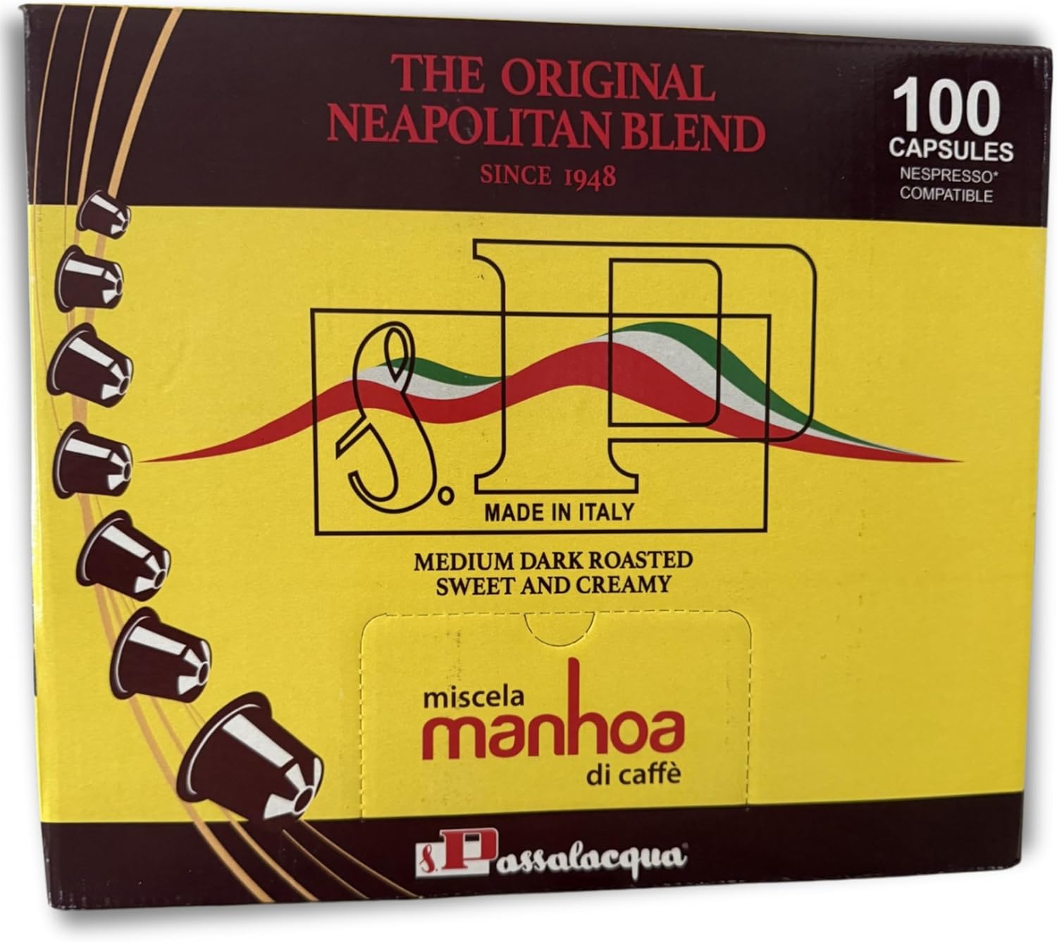Caffè Passalacqua, 100 x (5.5g) Capsules, Nespresso Compatible Pods, Medium Dark Roast Espresso Coffee, Sweet Creamy Italian Blend, Made in Italy