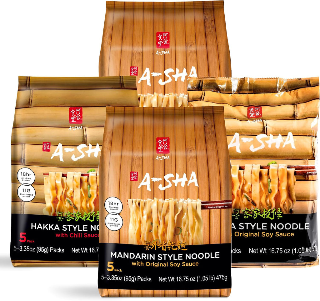 A-Sha Fan Favorite Variety Pack, Taiwanese Air-Dried Noodles, Mandarin Original, Hakka Original, Hakka Chili, Vegan, 10g Plant Protein, No MSG, Ready in 4 Minutes (20 Total Packs)