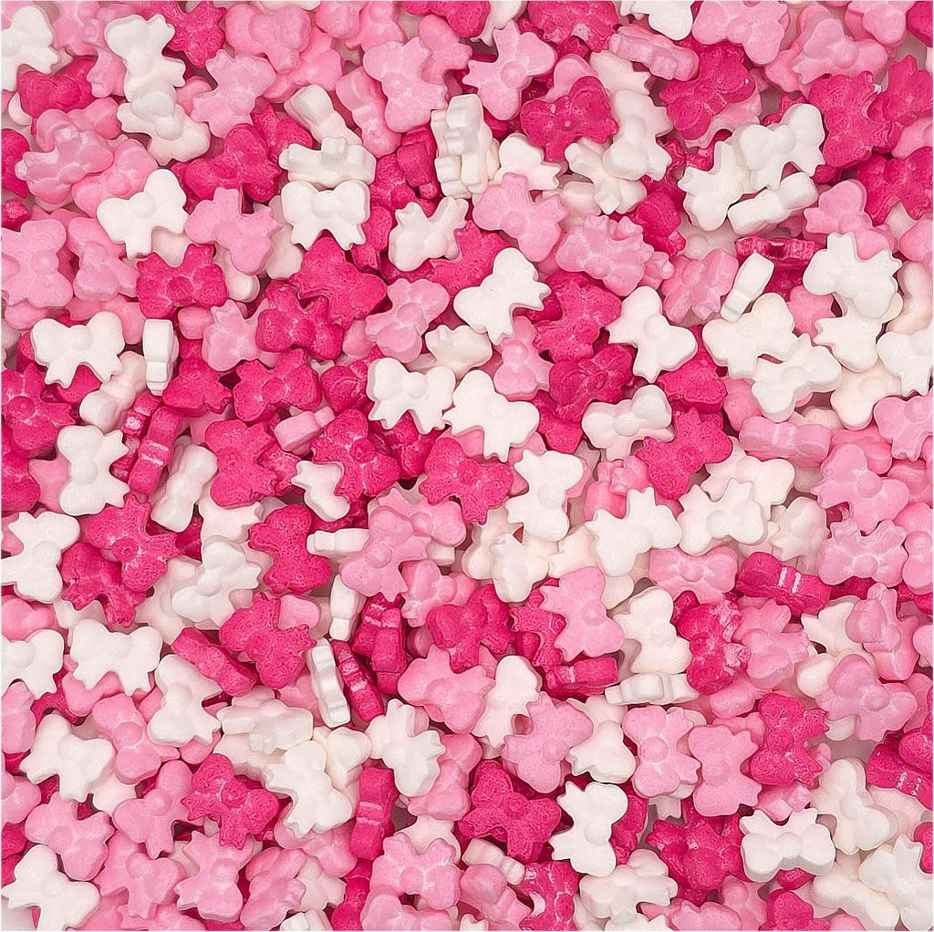 NCS Ribbon Bow Shaped Edible Sprinkles – Hot Pink, Light Pink & White Cupcake, Cake & Cookie Decorations, 7 oz