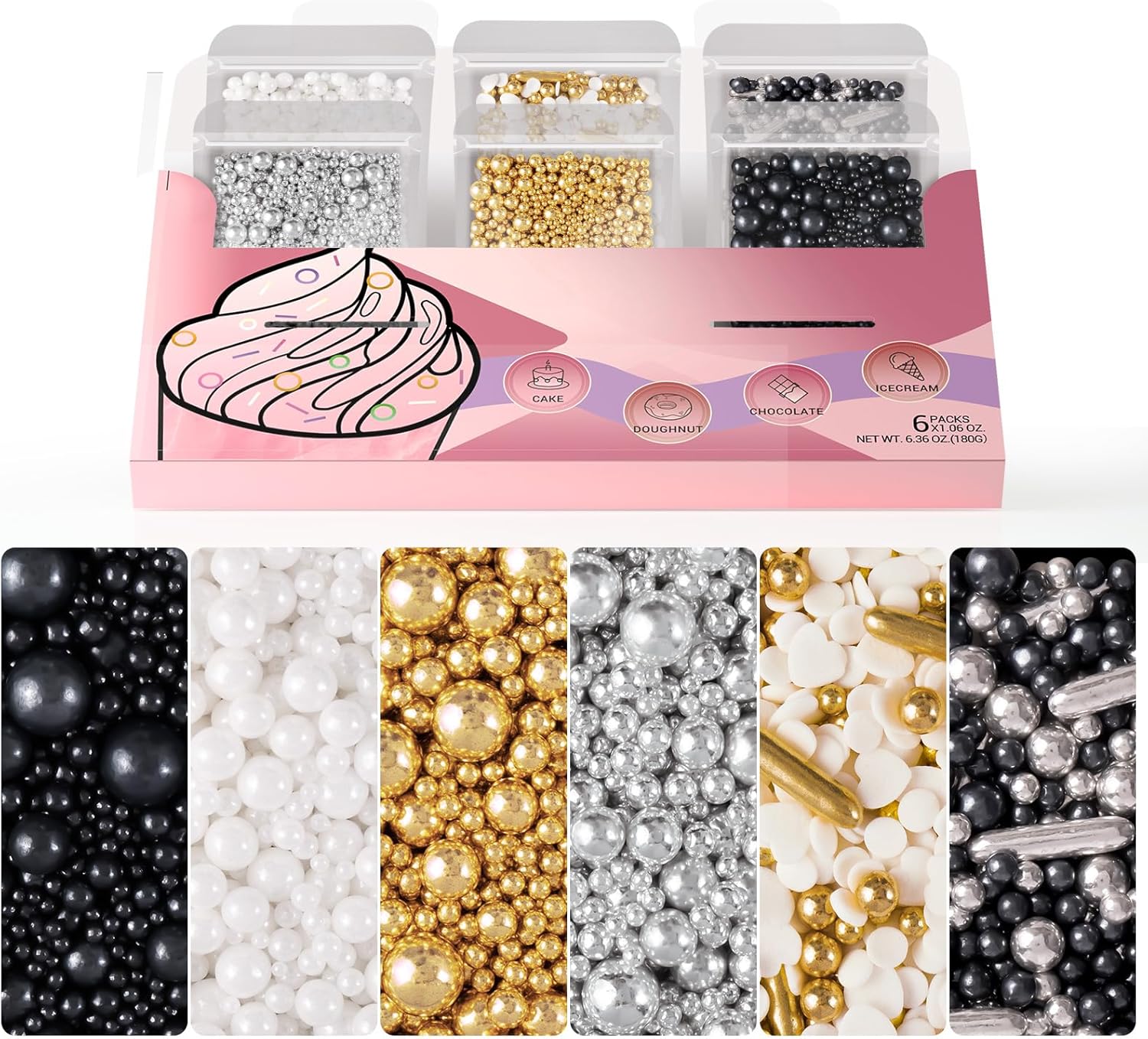 HUEBEATY® 6-in-1 Edible Cake Pearl Sprinkles – Black Gold Silver White Sprinkles for Cake Decorating, Cupcakes, Cookies & Ice Cream | 6.36oz/180g | Wedding, Birthday, Graduation, New Year, Valentines Decorations