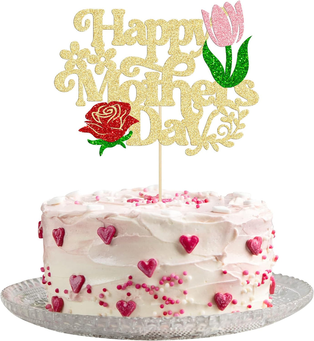 1 Pack Happy Mother's Day Cake Topper Glitter Rose Flower Birthday Cake Pick Best Mom Cake Decorations for Mother's Day Theme Women Birthday Party Decoration Supplies Gold