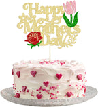 1 Pack Happy Mother's Day Cake Topper Glitter Rose Flower Birthday Cake Pick Best Mom Cake Decorations for Mother's Day Theme Women Birthday Party Decoration Supplies Gold