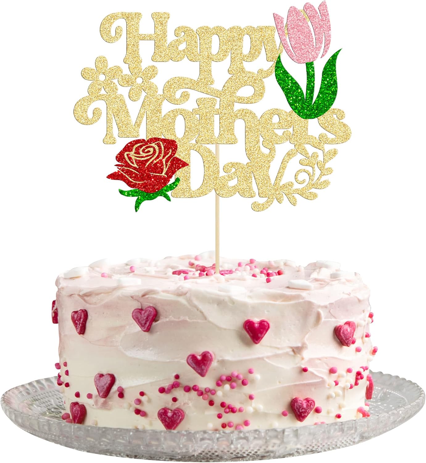 1 Pack Happy Mother's Day Cake Topper Glitter Rose Flower Birthday Cake Pick Best Mom Cake Decorations for Mother's Day Theme Women Birthday Party Decoration Supplies Gold