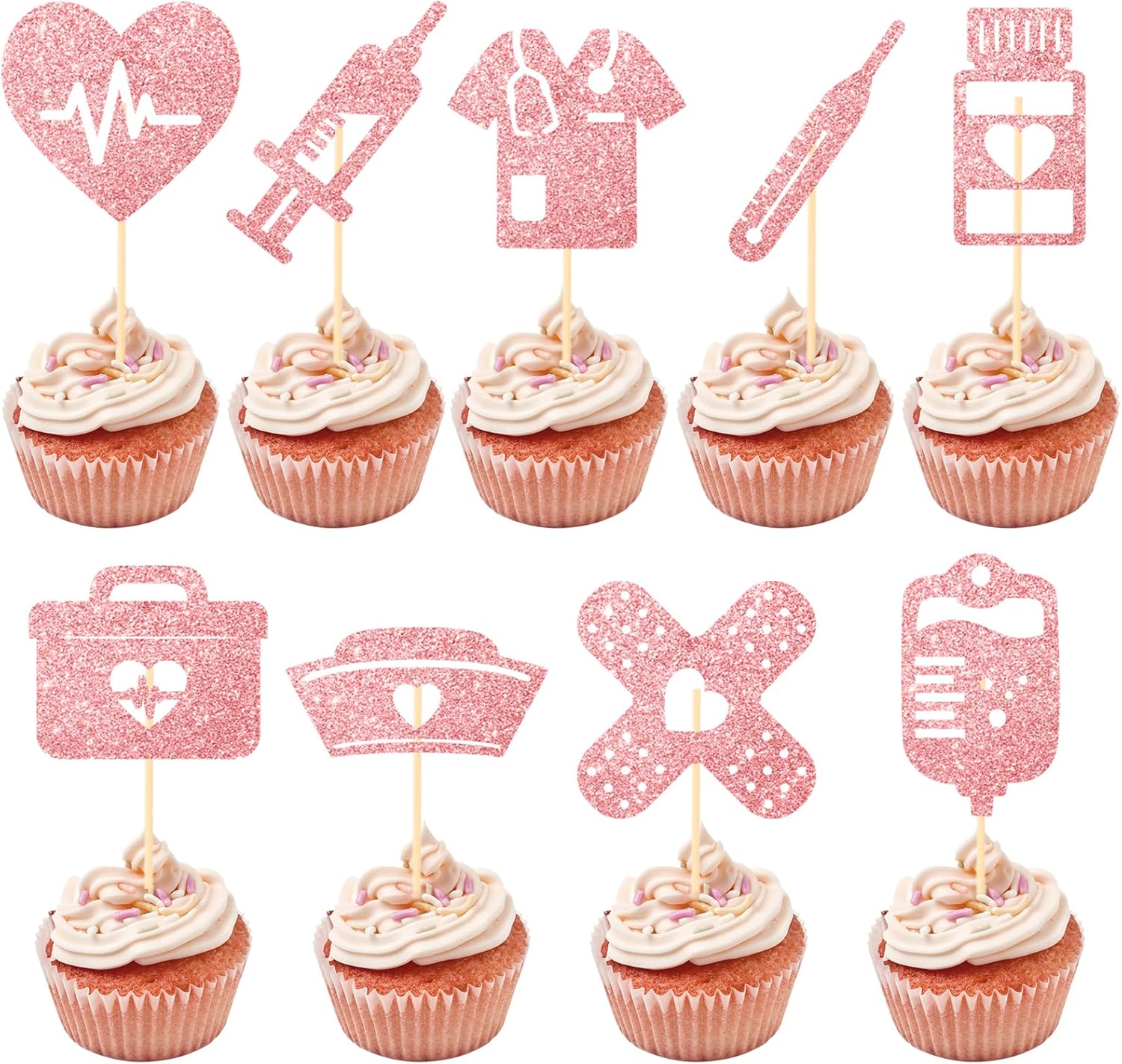 36 Pcs Rose Gold Glitter Medical Theme Cupcake Toppers, Single-Sided Doctor Nurse Party Picks with 9 Designs for Graduation, Hospital Birthday, Clinic Decorations, Cakes, Drinks, Dessert Table Decor