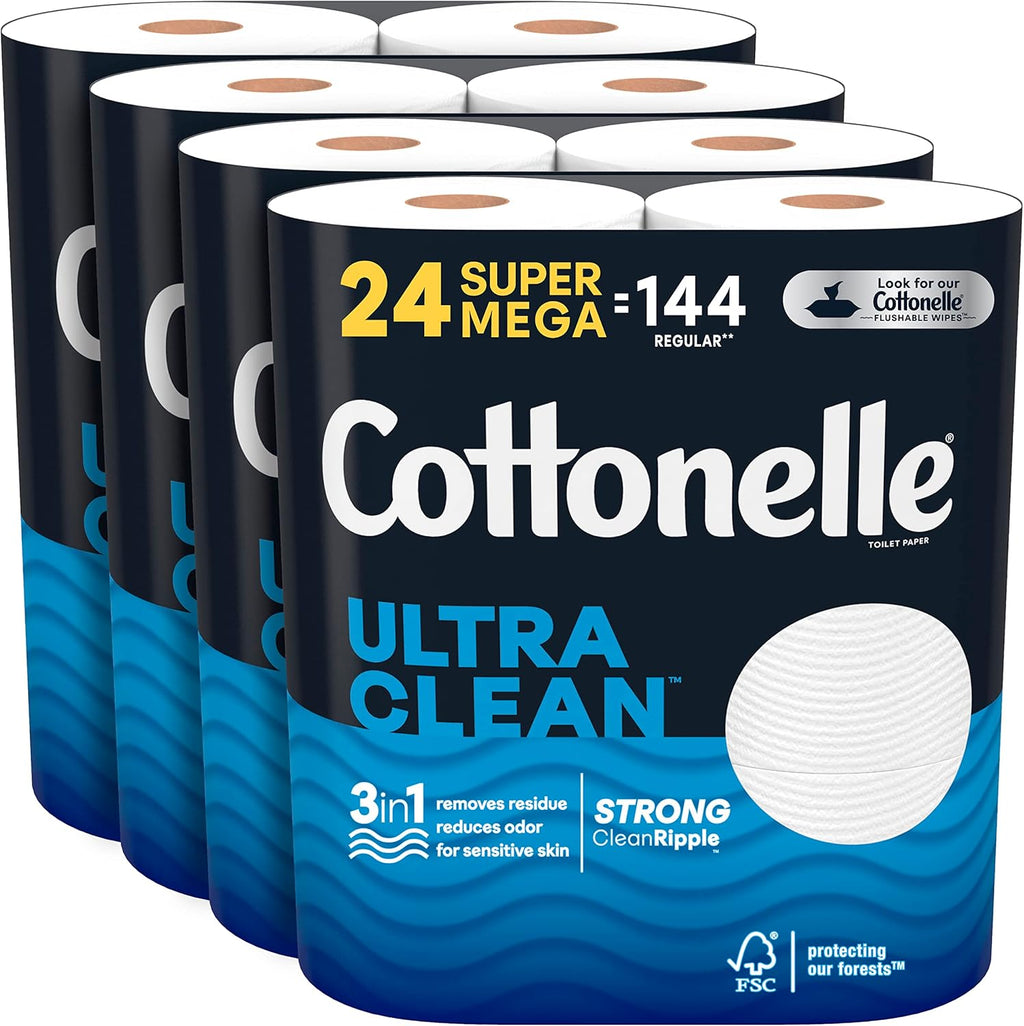 Cottonelle Ultra Clean Toilet Paper, Strong Toilet Tissue, 24 Super Mega Rolls (24 Super Mega Rolls = 144 Regular Rolls) (4 Packs of 6), 468 Sheets per Roll, Packaging May Vary White
