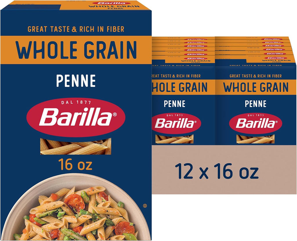 Barilla Whole Grain Penne Pasta, 16 oz. Box (Pack of 12) - Non-GMO, Made With 100% Whole Grain Durum Wheat - Great Source of Fiber
