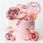 Flower Cake Toppers, Happy Birthday Rose Gold Cake Decorations with Artificial Flowers Butterfly Balls for Wedding Baby Shower Birthday Party Supplies