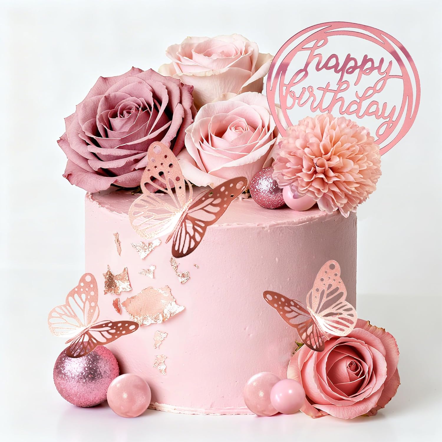 Flower Cake Toppers, Happy Birthday Rose Gold Cake Decorations with Artificial Flowers Butterfly Balls for Wedding Baby Shower Birthday Party Supplies