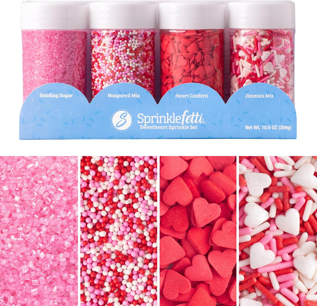 Sweets Indeed Valentines Day Sprinkles 4 Pack | Pink Sanding Sugar, Red White Pink Nonpareils, Red Heart Sprinkles & Valentine Jimmies Mix | Baking & Decorating 10.90 ounces