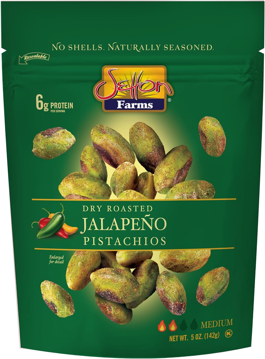 Setton Farms Naturally Seasoned Pistachio Kernels, Jalapeno, No Shell Pistachios, Certified Non-GMO, Gluten Free, Vegan and Kosher, 5 oz Resealable Pouch