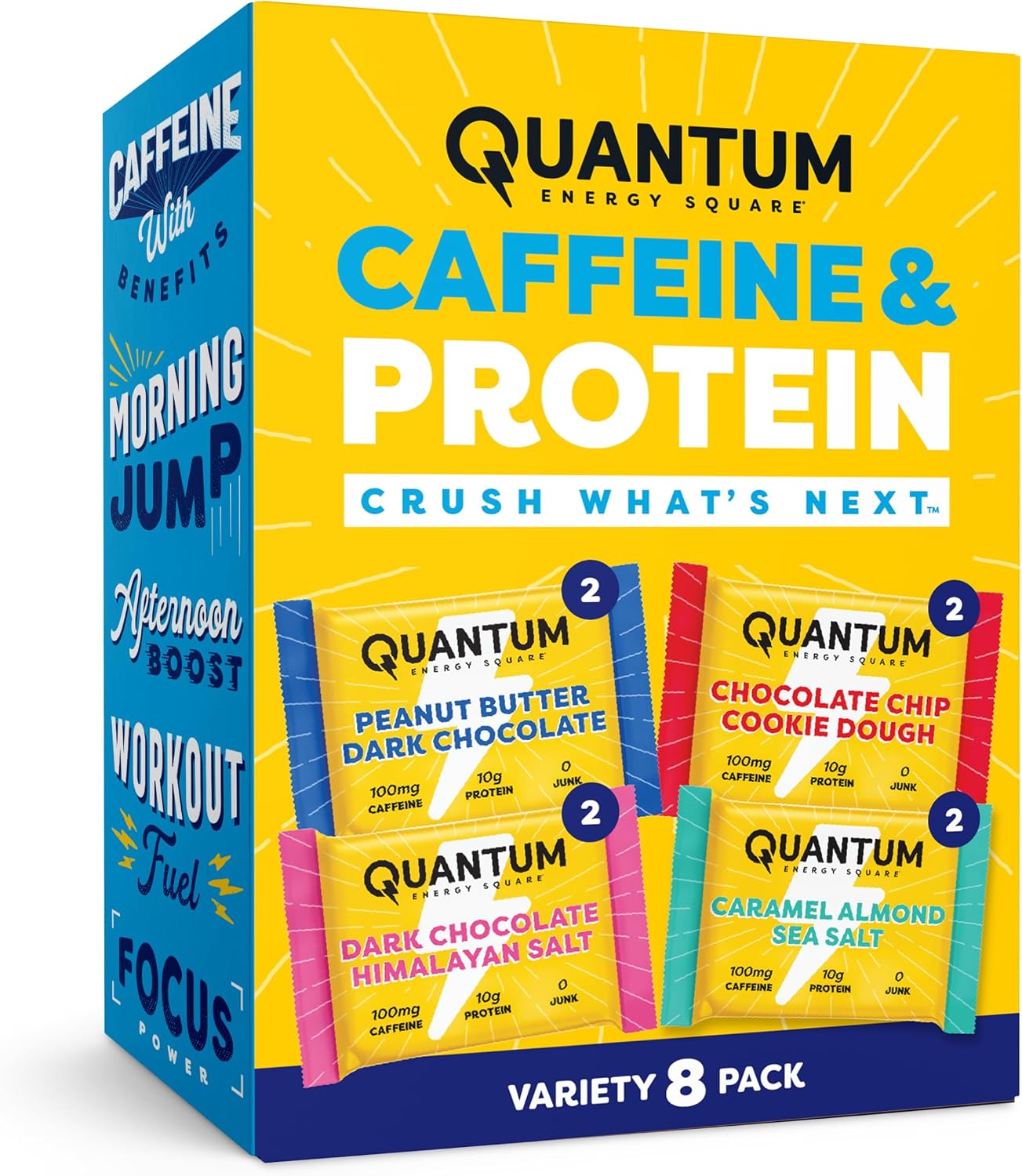 Quantum Energy Square: Energy Bar with Caffeine & 10g Protein. Delicious Healthy Snack On The Go. (Vegan, Gluten-free, Soy-free, Dairy-free) (Variety 8-Pack)