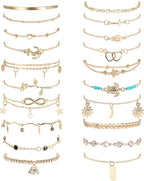 FASACCO 20Pcs Ankle Bracelets for Women Adjustable Beach Anklet Set Surfer Anklet Heart Star Turtle Infinite Anklets Foot Jewelry