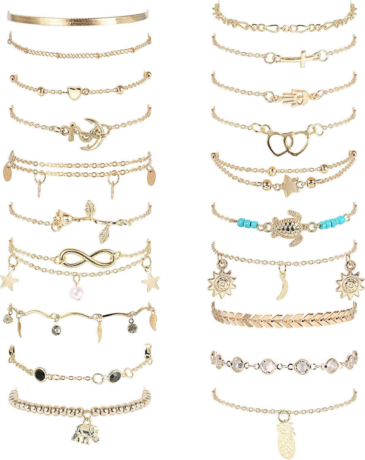 FASACCO 20Pcs Ankle Bracelets for Women Adjustable Beach Anklet Set Surfer Anklet Heart Star Turtle Infinite Anklets Foot Jewelry