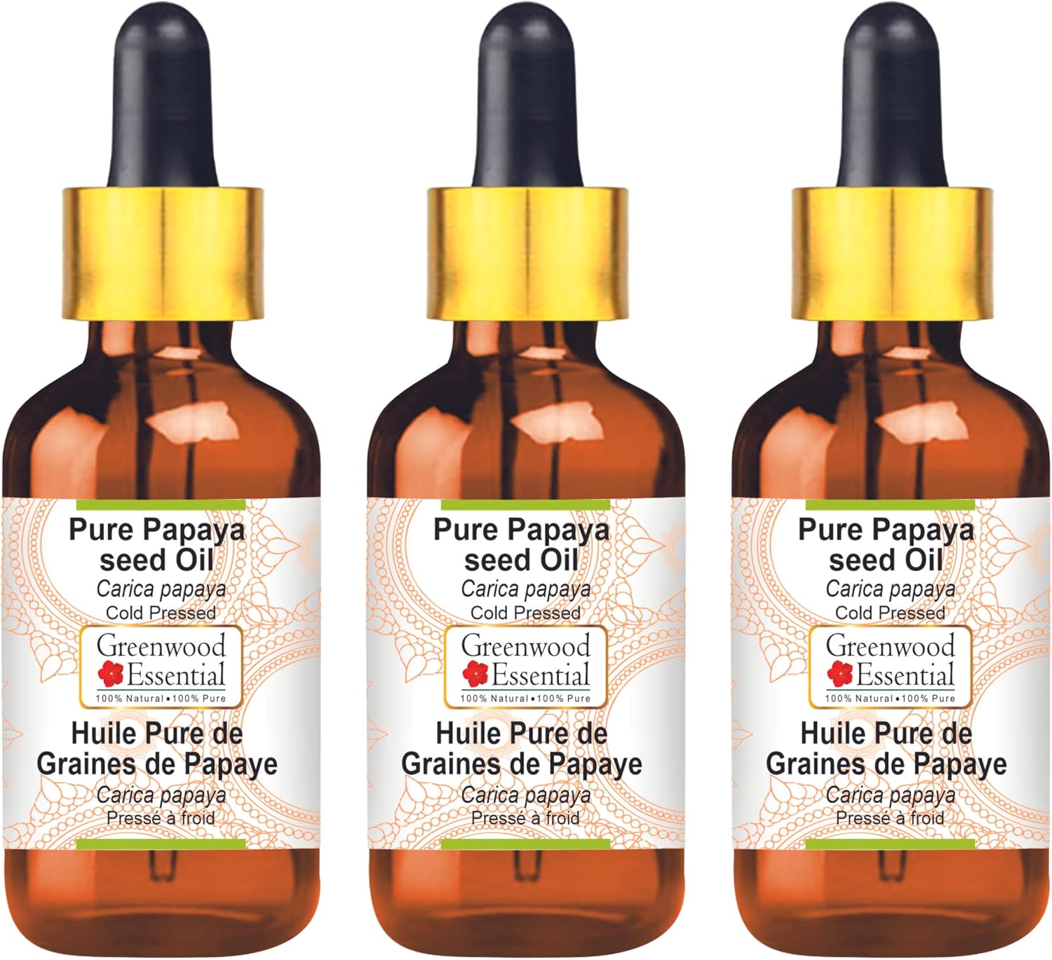 Greenwood Essential Pure Papaya seed Oil (Carica papaya) with Glass Dropper Cold Pressed (Pack Of Three) 100ml X 3 (10 oz)