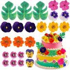 60 PCS Real Edible Flower Tropical Cupcakes Cake Decoration, Hibiscus Flowers Turtle Back Leaves Cartoon Birthday Cake Toppers -Hawaiian Series Theme Wedding, Party, Cocktails