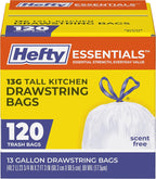 Hefty Essentials Drawstring 13 Gallon Kitchen Trash Bags, 120 Count, Tall Unscented Trash Bags for Kitchens, Home Offices, or Laundry Rooms, Easy to Tie, Lift, and Carry, White
