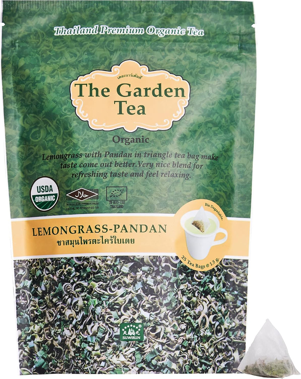 Suwirun Organic Lemongrass & Pandan Tea 25 Bags – Product of Thailand – Aromatic Thai Herbal Blend, Caffeine-Free, No Calories, Natural Fragrance, Brew Hot or Cold