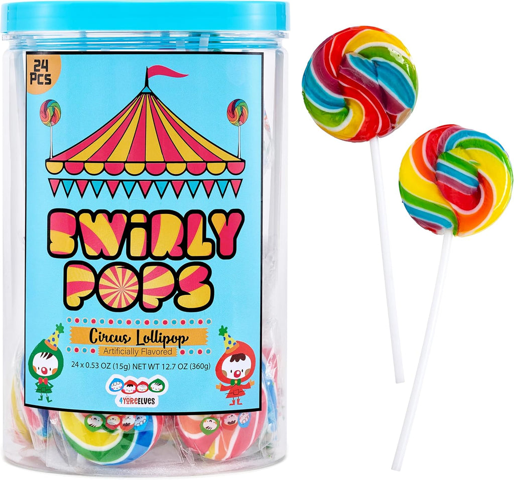 24 Circus Rainbow Lollipops Individually Wrapped, Bursting with Fruity Flavor, Great Swirl Lollipops for Kids Birthday Parties, Party Favor Candy and Cake Toppers, By 4YoreElves (Pack of 24)