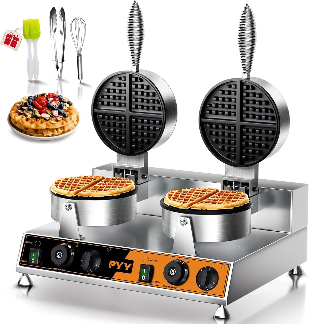 PYY Commercial Double Waffle Maker - 2500W Belgian Waffle Iron with Nonstick Plates,Dual Temperature&Timer Control,Stainless Steel for Restaurant,Food Truck,Catering,Home Use,SILVER ORANGE
