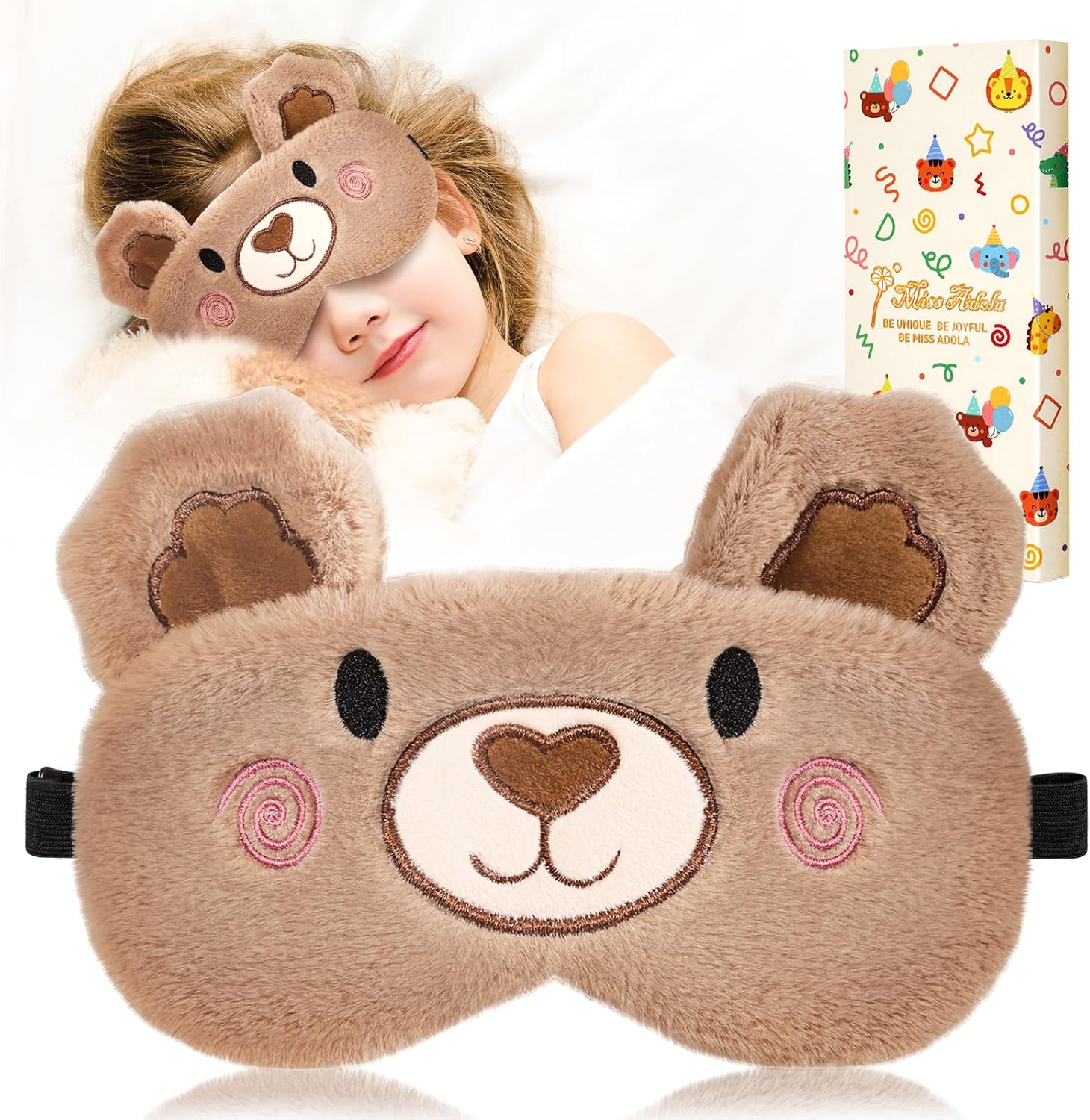 Miss Adola Sleep Mask for Kids - Valentines Gift for Kids Cute Plush Fuffy Sleeping Eye Cover Kawaii Soft Eyeshade Animal Eye Blindfold for Girls Boys Teens with Adjustable Strap, Bear