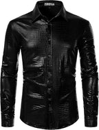 ZEROYAA Men's 70s Disco Button Down Shirt Shiny Metallic Long Sleeve Costume for Party Prom