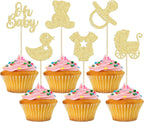 Gyufise 36Pcs Oh Baby Cupcake Toppers Glitter Bear Pacifier Baby Carriage Cupcake Picks Gender Reveal Cake Decorations for Kids Birthday Party Supplies Gold