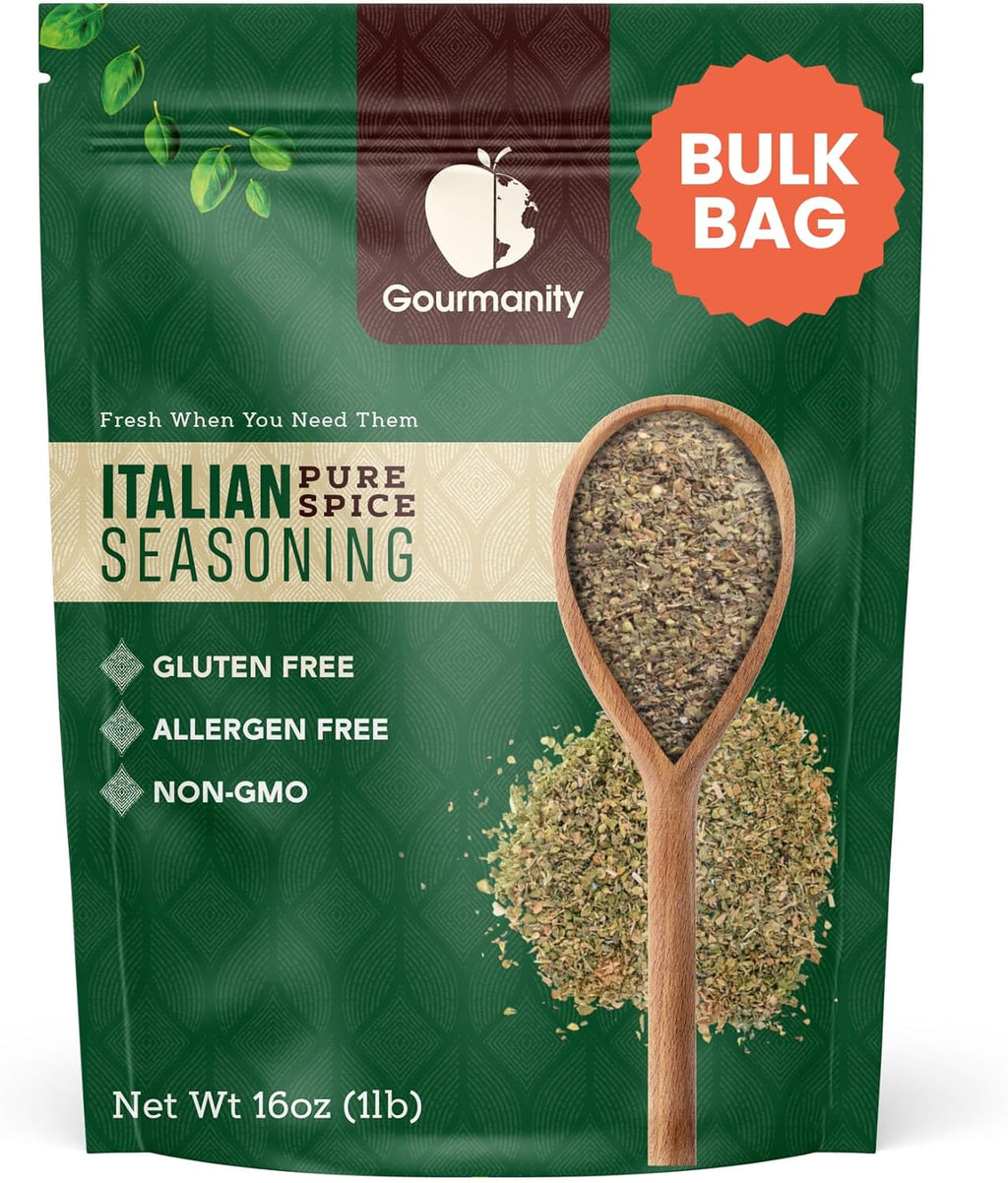 Gourmanity Italian Seasoning, the Perfect Blend of Oregano, Basil, Marjoram, Rosemary and Thyme herbs, Salt-free, Use on Spaghetti, Pizza, Salad, Pasta, Non-GMO, 1lb [16oz] bag