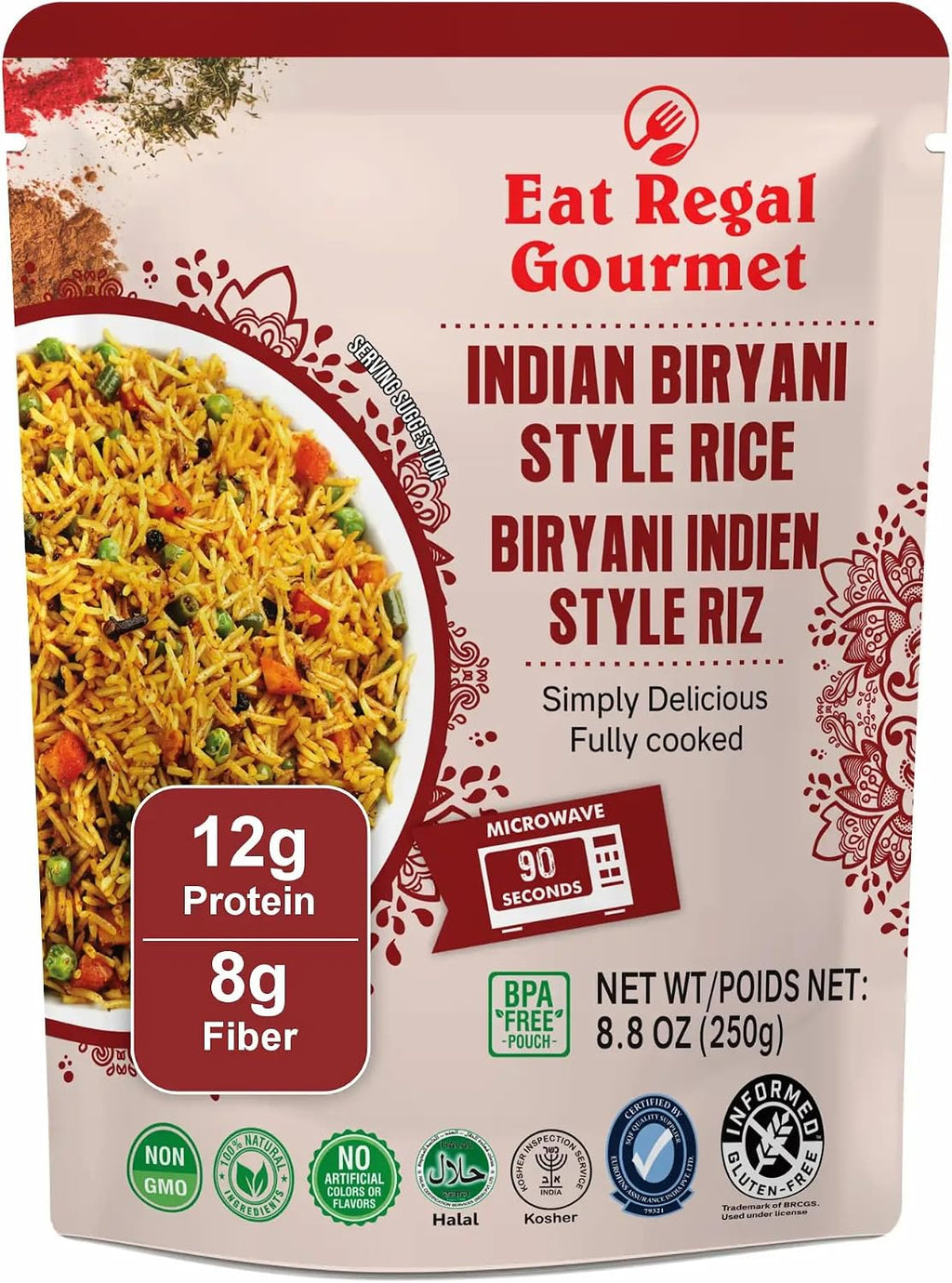 Eat Regal Gourmet Indian Biryani Style Rice, 8.8 oz, Pack of 6, Fully Cooked, Kosher, Halal, 12g Protein