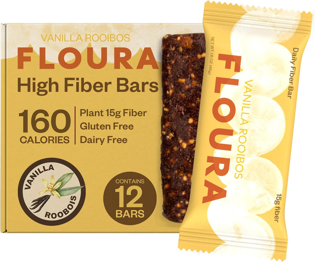 Floura Vanilla Rooibos Fruit-Forward Fiber Bars– High Fiber, Vegan, Gluten & Dairy Free, Low Calorie Healthy Snack Bars with Upcycled Produce for Gut Health [12 Pack]