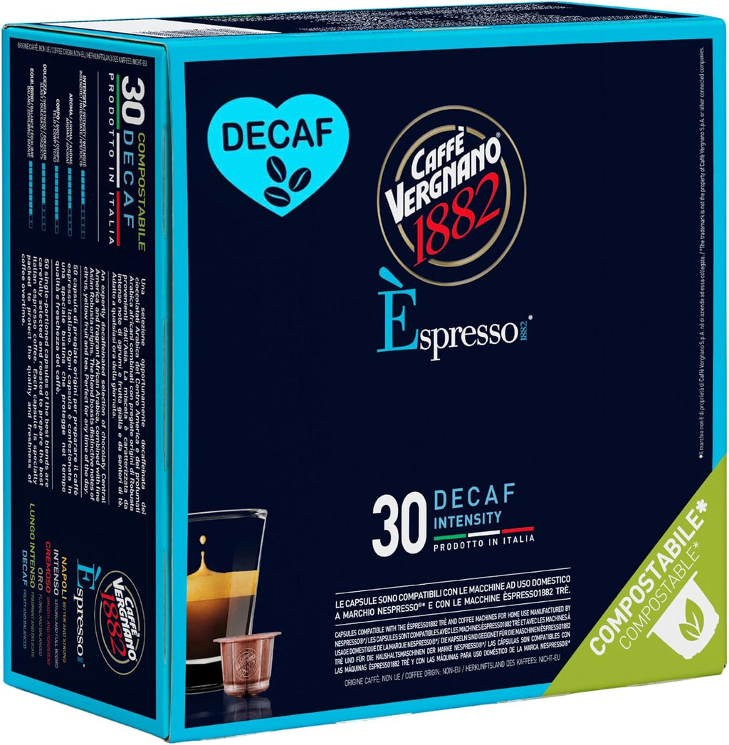 Caffe' Vergnano 1882 Decaf Medium Roast Espresso Original Line Machine Compatible Capsules, Arabica Robusta Espresso Coffee, Italian Coffee for Nespresso Machines, Intensity 5/10, Decaffeinato, 30 Ct