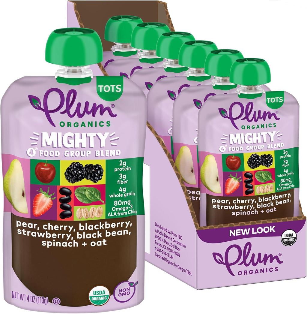Plum Organics Mighty 4 Organic Toddler Food - Pear, Black Bean, Cherry, Blackberry, Strawberry, Oat, and Spinach - 4 oz Pouch (Pack of 6) - Organic Fruit and Vegetable Toddler Food Pouch