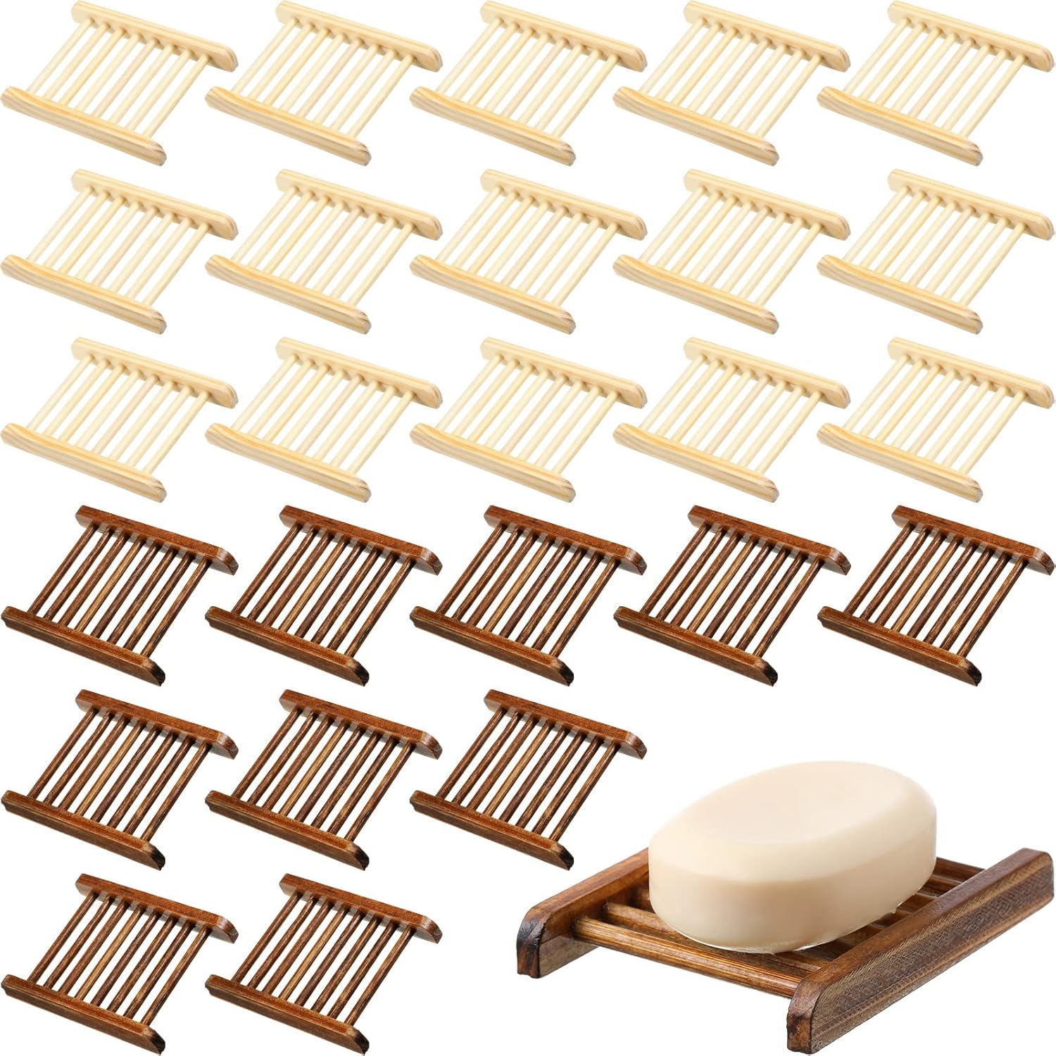 Honeydak 30 Pcs Bamboo Wood Soap Holder Wooden Soap Dish Tray Bathroom Wooden Sponge Case Handmade Bathtub Shower Dish Accessories for Home Sponge Scrubber(Natural Color, Charcoal)