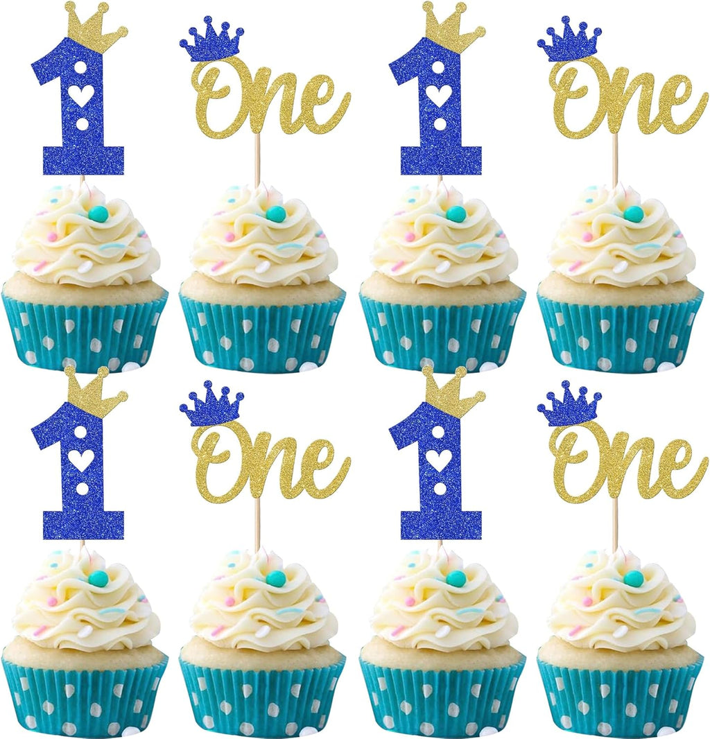 24 Pack First Birthday Cupcake Toppers Glitter One Crown Heart Cupcake Picks Baby Shower 1st Birthday Kids Cake Decorations Party Supplies Blue Gold