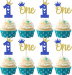 24 Pack First Birthday Cupcake Toppers Glitter One Crown Heart Cupcake Picks Baby Shower 1st Birthday Kids Cake Decorations Party Supplies Blue Gold