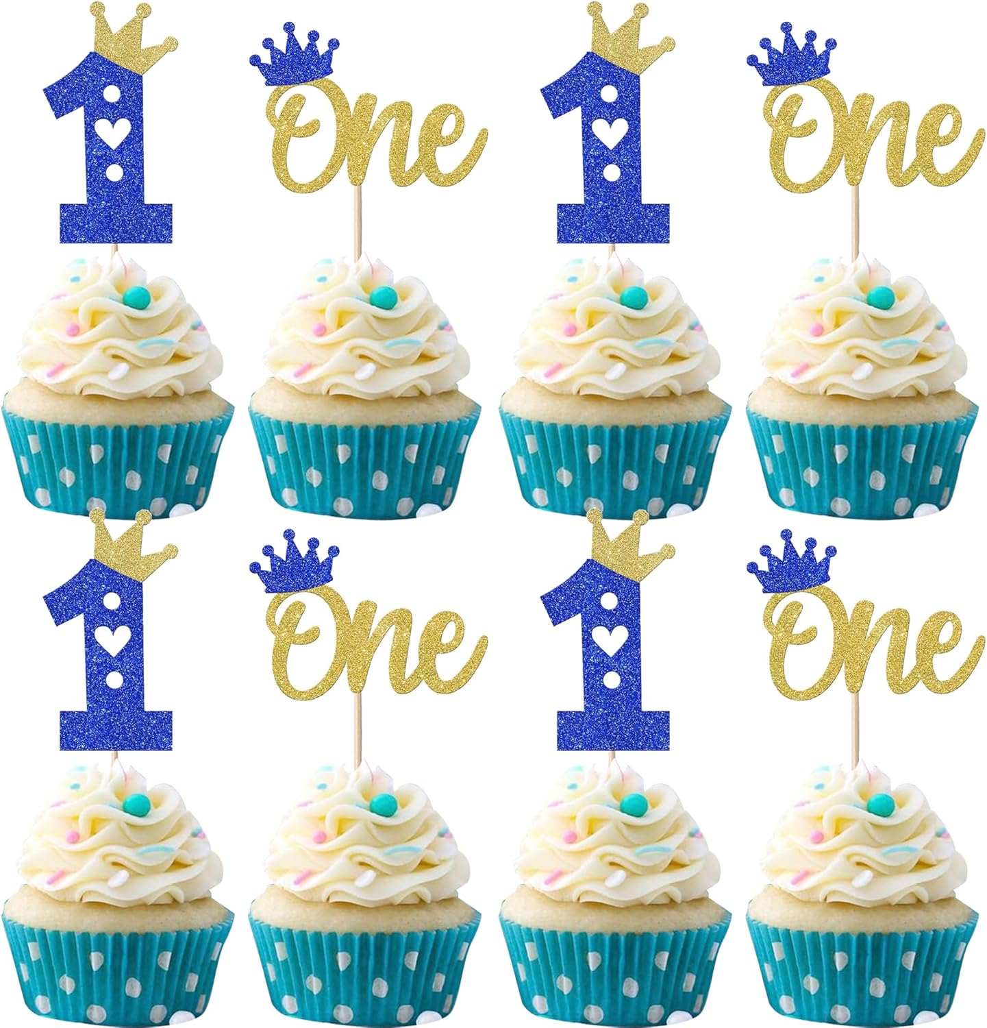 24 Pack First Birthday Cupcake Toppers Glitter One Crown Heart Cupcake Picks Baby Shower 1st Birthday Kids Cake Decorations Party Supplies Blue Gold