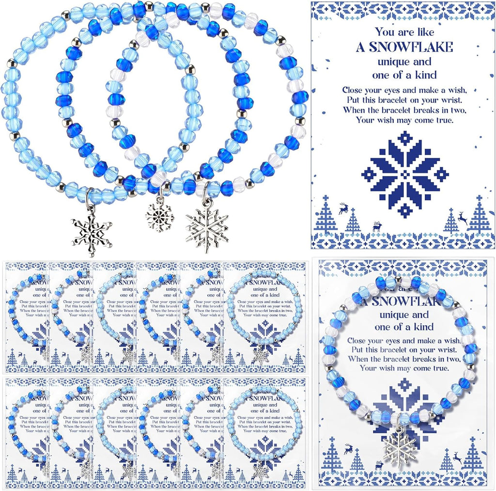 Quelay 20 Set Snowflake Party Favor Winter Filled Beaded Bracelet With Snowflake Charm Card Bag Christmas Ice Snow Jewelry Gift for Guest Xmas Holiday Birthday Party Supply Prize Goodie Bag Decor