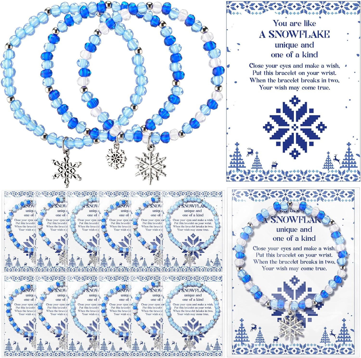 Quelay 20 Set Snowflake Party Favor Winter Filled Beaded Bracelet With Snowflake Charm Card Bag Christmas Ice Snow Jewelry Gift for Guest Xmas Holiday Birthday Party Supply Prize Goodie Bag Decor