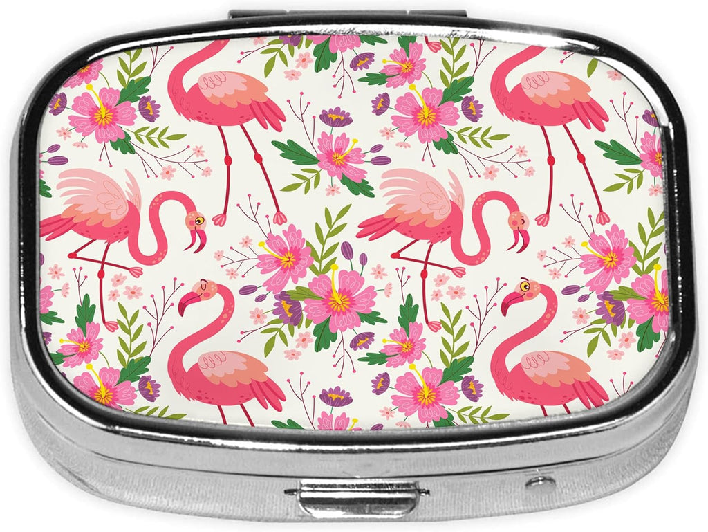 Pill Box-2 Compartment Small Pill Case Square Organizer Case with Mirror Portable Metal Medicine Box Travel Container for Pocket & Purse Women Men（Pink Flamingo Floral）