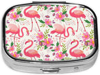 Pill Box-2 Compartment Small Pill Case Square Organizer Case with Mirror Portable Metal Medicine Box Travel Container for Pocket & Purse Women Men（Pink Flamingo Floral）