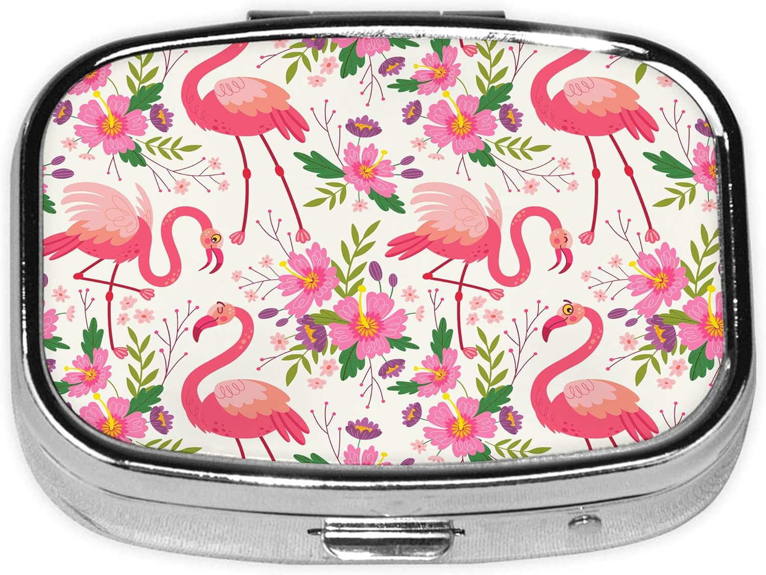 Pill Box-2 Compartment Small Pill Case Square Organizer Case with Mirror Portable Metal Medicine Box Travel Container for Pocket & Purse Women Men（Pink Flamingo Floral）
