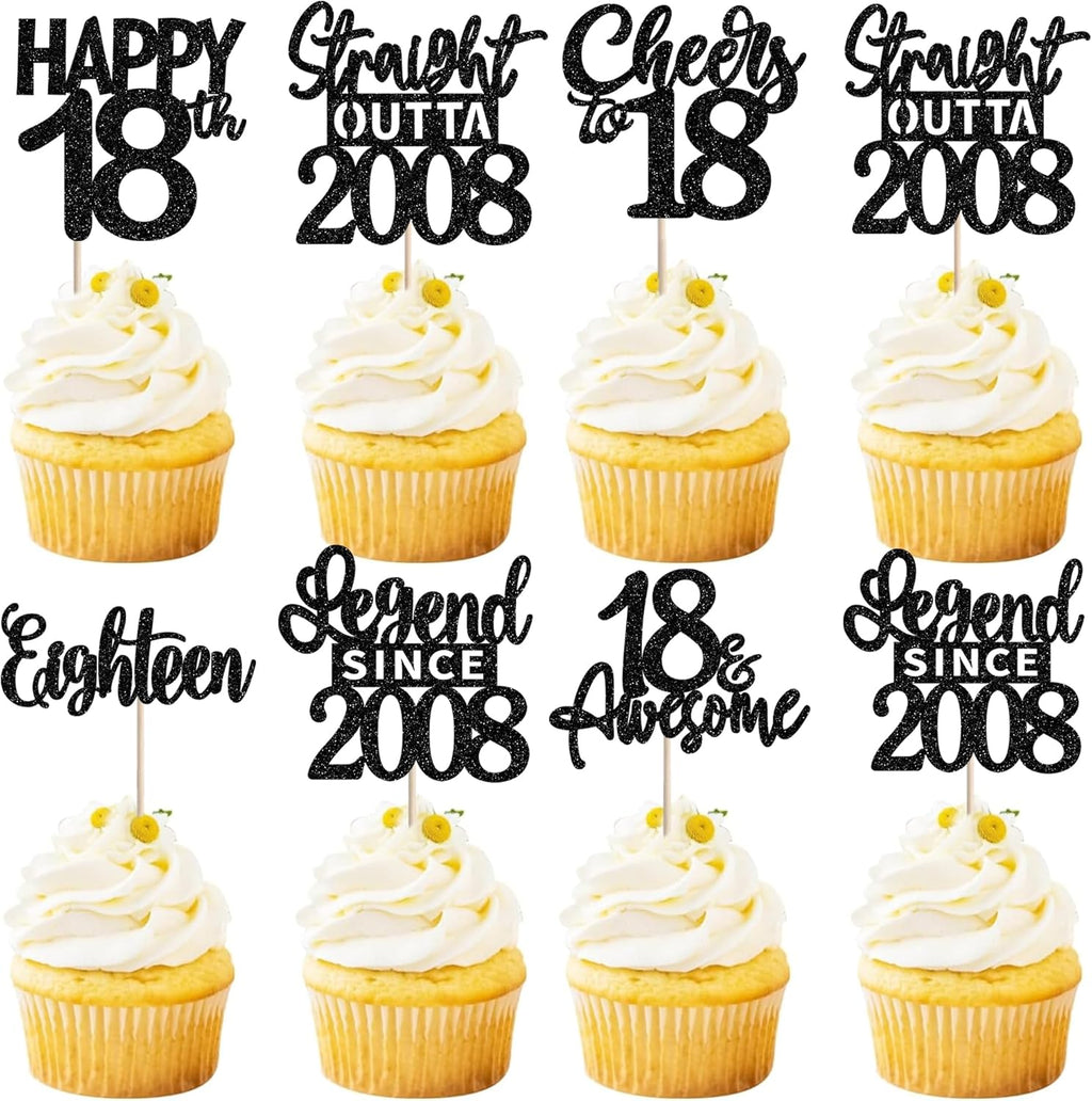 24PCS Black 18th Birthday Cupcake Toppers Eighteen Happy 18th Straight Outta 2008 Cupcake Picks Cheers to 18 Lengend Since 2008 Cake Decorations for 18th Birthday Anniversary Party Supplies