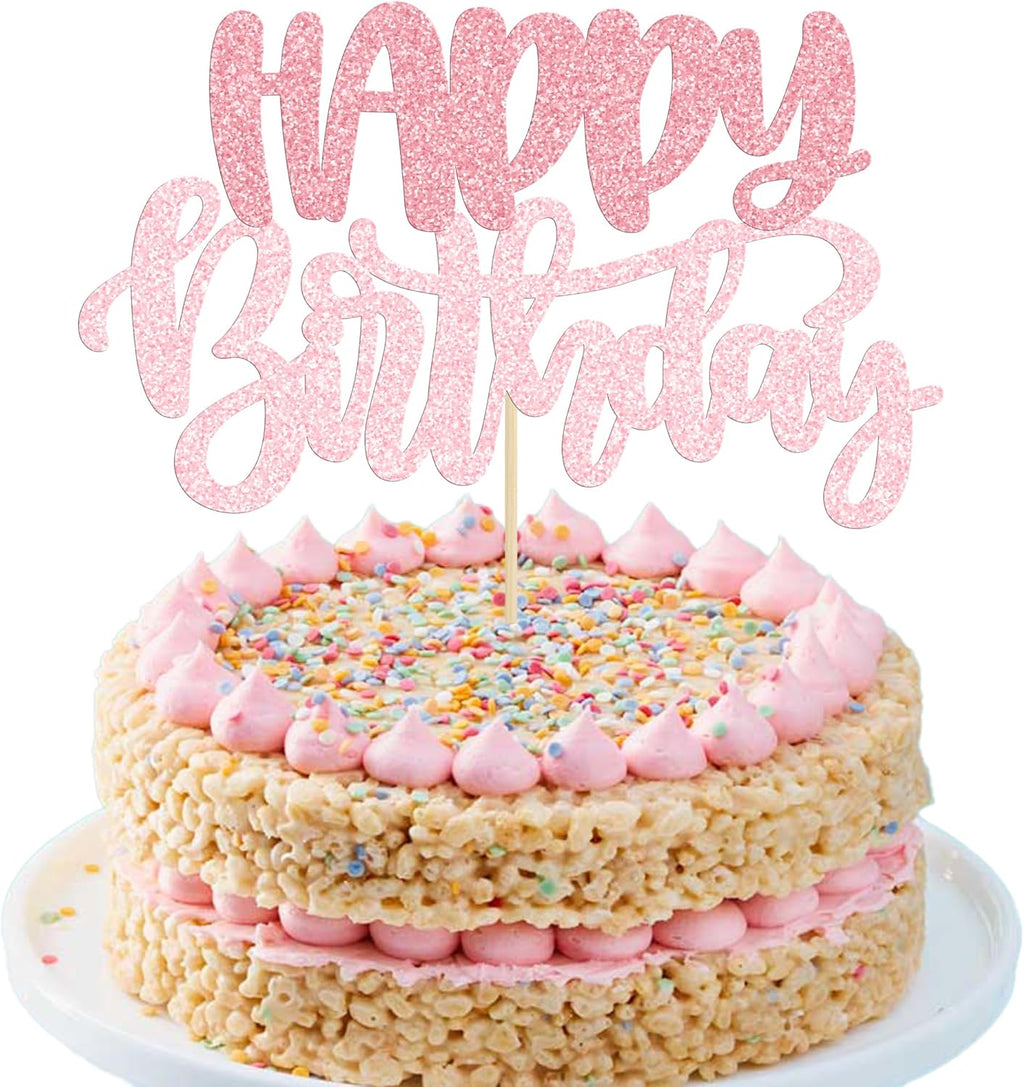 Gyufise 1Pcs Happy Birthday Cake Topper Glitter Cake Pick for Celebrating Anniversary Theme Party Cake Decorations Supplies Pink